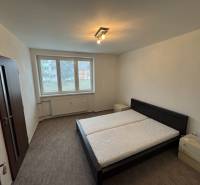 Bedroom in a 2-room apartment with a double bed, two nightstands, carpet.