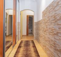 A hallway with a wooden decor floor, a mirrored wardrobe, and paneling in a 2-room apartment.
