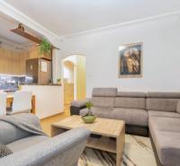 Living room in a two-room apartment with a comfortable sofa and wooden decor flooring.