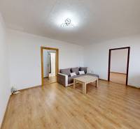 Living room with a sofa, table, and wooden decor flooring in a 4-room apartment.