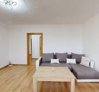 Living room with a sofa, table, and wooden decor flooring in a four-room apartment.