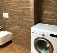 A bathroom with a wooden decor floor and a washing machine in a 2-room apartment.