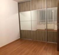 A room in a 2-room apartment with a wooden decor floor and a built-in wardrobe.