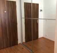 A hallway in a 2-room apartment with a wooden decor floor and a mirrored wardrobe.