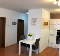 A dining table with two chairs and a floor with a wooden decor in a 2-room apartment.