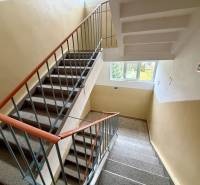 Apartment building staircase with windows and railing.