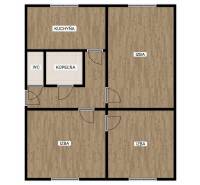Floor plan of a 3-room apartment with a kitchen, bathroom, and toilet.