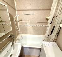 A bathroom in a 3-room apartment with a classic bathtub, shower head, and washing machine.