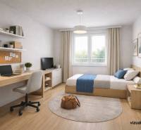 A bedroom in a 3-room apartment with a wooden decor floor, a desk, and a bed.
