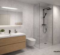 Bathroom in a 3-room apartment with an open shower and wooden decor on the cabinet.
