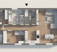 Floor plan of a family house with three rooms and a terrace, flooring with a wooden decor.