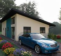 A family house in Spišské Tomášovce with a blue car and a flower bed in the yard.