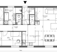 Floor plan of a family house with three rooms, a living room, and a kitchen with a dining area.