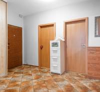Hallway in a 4-room apartment with tiles, wooden doors, and storage furniture.