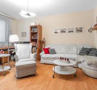 Living room in a 4-room apartment with a sofa, an armchair, and a wooden decor floor.