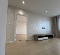 Living room in a three-room apartment with a wooden decor floor and a textured wall.
