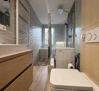 Bathroom in a 3-room apartment with a sink, shower, and washing machine, floor with wood decor.