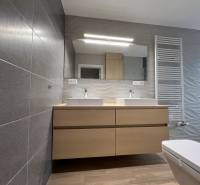 A bathroom in a 3-room apartment with a double sink, gray tiles, and wooden decor.