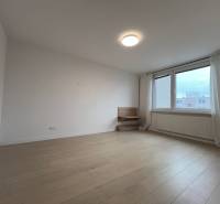 A room in a 3-room apartment with a wood-decor floor and a large window.