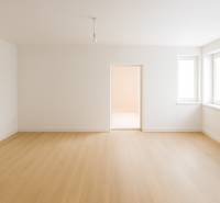 An empty room with white walls and a wood-patterned floor in a family house.