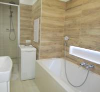 Bathroom with a bathtub, washing machine, and shower in a 2-room apartment. Wooden decor on the walls.