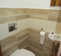 Toilet with a sink, wood decor tiles in a 2-room apartment.