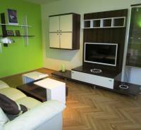 Living room with wood-patterned flooring, a sofa, and a television in a two-room apartment.