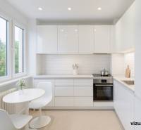 A kitchen in a 2-room apartment with a white kitchen unit, a dining table, and large windows.
