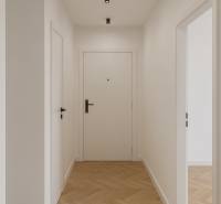 A hallway in a 2-room apartment with a wooden decor floor and white walls.