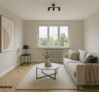 Living room in a two-room apartment with a wooden decor floor, sofa, and table.
