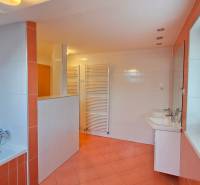 A bathroom with a bathtub and a sink, white and orange tile in a family house.