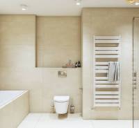 A bathroom in a family house with a bathtub, wall-mounted toilet, and radiator.