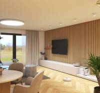 Living room in a family house with wood-patterned flooring, a television, and a plant.