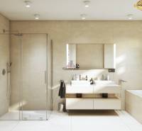 A bathroom with a bathtub and a shower in a family house. Light tiles and a double sink.