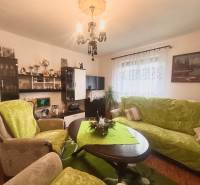 A living room in a family house with wooden decor and green upholstery on the furniture.