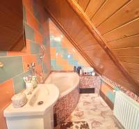 A bathroom in a family house with a bathtub, a sink, and a sloped wooden ceiling.