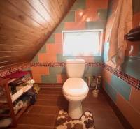 A bathroom in a family house with colorful tiles and a wooden floor decor.