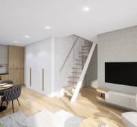 Recreational apartment with a kitchen, dining table, and staircase, floor with wooden decor.