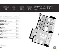 Floor plan of a 3-room apartment with two balconies and a walk-in closet in Eurovea Tower.