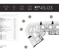 Floor plan of a 4-room apartment with wood-patterned flooring and large balconies.
