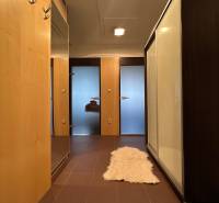 Hallway of a 2-room apartment with carpet and mirrors, wooden decor on cabinets.