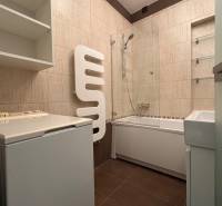 Bathroom with a bathtub, sink, and washing machine in a 2-room apartment.