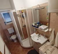 A bathroom with a corner shower and a white sink in a family house.