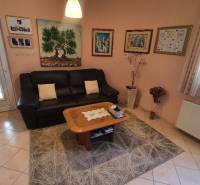 Living room in a family house with a sofa, paintings, and a table on a carpet.