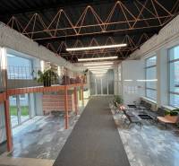 A spacious hallway with a metal gallery and upholstered seating, suitable for a studio apartment.