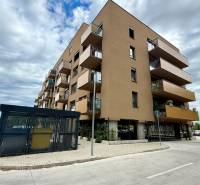 Apartment building with balconies in Senica, next to it is a shelter for containers.