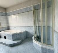 A bathroom in a family house with a corner bathtub and a shower enclosure.