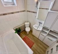 A bathroom in a family house with a wooden decor floor, a sink, and a bathtub.