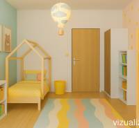 Children's room in a 3-room apartment with wooden decor, pastel colors, and a small carpet.