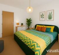 A bright bedroom with a bed, colorful bedding, and plant decorations in a 3-room apartment.